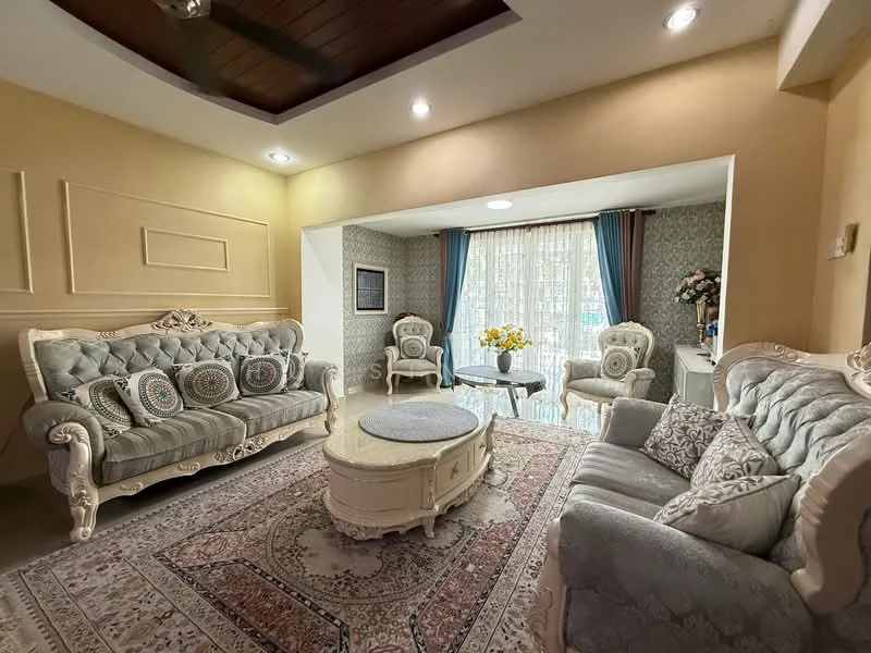 Living features: 3-seater fabric sofa in light grey, 2-seater fabric sofa in light grey, decorative cushions, coffee table with ornate design, area rug with intricate pattern, wall-mounted ceiling fan, recessed ceiling lights, wall paneling with decorative molding, large windows with sheer curtains, floral arrangement on side table, accent chairs with floral upholstery, wall with patterned wallpaper; style: traditional.