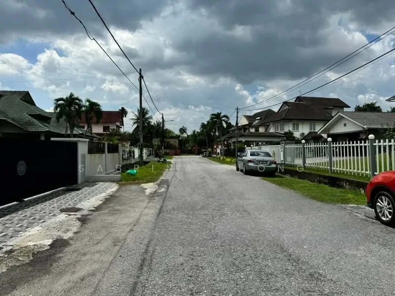 Exterior features: paved road, residential street, single-storey houses, green lawn, palm trees, white picket fence, overhead power lines, driveway with interlocking pavers, parked red car.