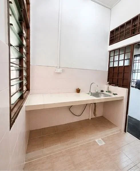 Laundry features: white tiled walls, light pink tiled backsplash, light brown tiled flooring, single-bowl stainless-steel sink, chrome pull-down faucet, countertop with storage underneath, window with wooden grille, drainage floor outlet; style: minimalist.