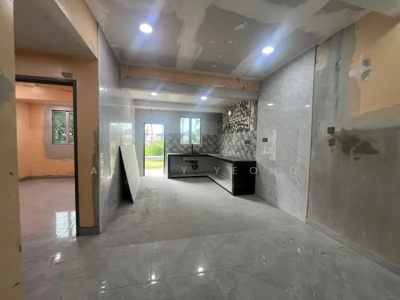 Kitchen features: grey marble tile flooring, white painted walls, grey tiled backsplash, black kitchen countertop, kitchen island, floor-to-ceiling windows, recessed LED downlights, open layout, unfinished ceiling, plumbing fixtures visible; style: modern; view: garden. Living features: grey marble tile flooring, white painted walls, floor-to-ceiling windows, unfinished ceiling, recessed LED downlights; style: modern; view: garden.