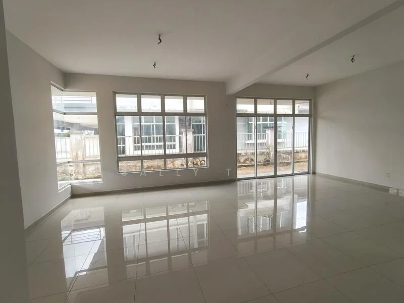 Living features: white painted walls, glossy ceramic tile flooring, large floor-to-ceiling windows, natural light flooding in, neutral color scheme, recessed downlights, open layout, view of outdoor area; style: modern; view: garden.