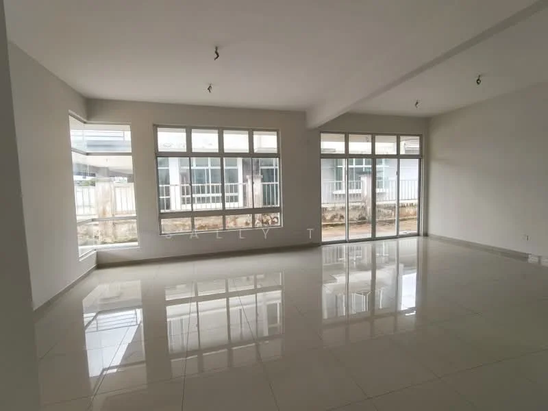 Living features: white painted walls, glossy ceramic tile flooring, large floor-to-ceiling windows, multiple windows for natural light, neutral color scheme, recessed ceiling lights, open layout, no visible furniture; style: modern.