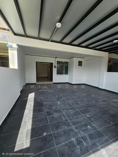 Room features: grey tiled flooring, white painted walls, black ceiling with exposed beams, large window, doorway leading to another room, flush ceiling lights; style: modern.