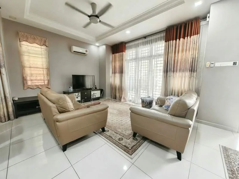 Living features: 2-seater leather sofa in beige, 3-seater leather sofa in beige, coffee table, TV console, wall-mounted TV, area rug with geometric pattern, floor-to-ceiling windows, sheer curtains, blackout curtains, 5-blade ceiling fan with light, recessed downlights, white painted walls, polished tile flooring, decorative mirror; style: modern.