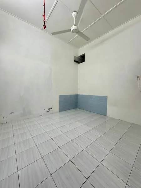Room features: white painted walls, blue tiled accent wall, white ceiling, ceiling fan, white floor tiles, no visible furniture, no visible windows, no visible doors; style: minimalist.