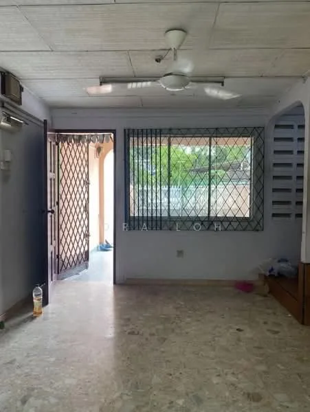 Room features: ceiling fan, wall-mounted air conditioning unit, tiled flooring, window with security grille, double-door entrance, light fixture, exposed ceiling tiles, neutral wall color.