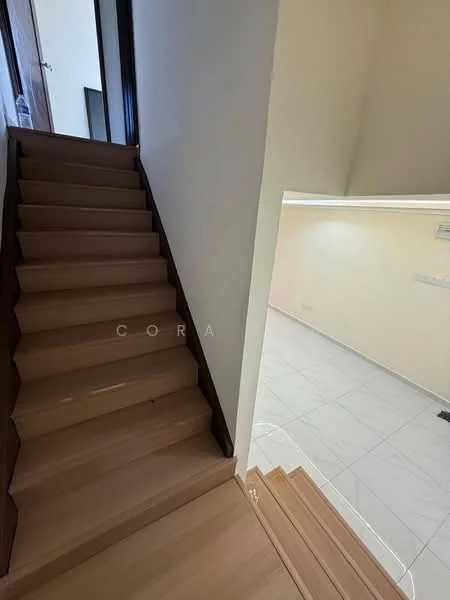 Room features: wooden staircase, light-colored wall, tile flooring, open space, natural light, handrail, neutral color palette; style: modern.