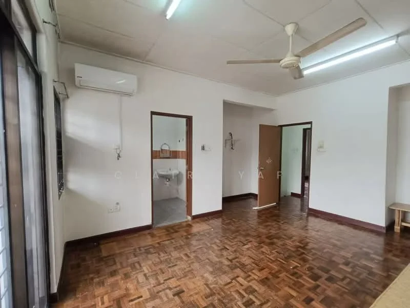 Room features: wooden flooring, white painted walls, ceiling fan, wall-mounted air conditioning unit, doorway leading to bathroom, doorway leading to another room, light fixtures on ceiling, windows with grilles.