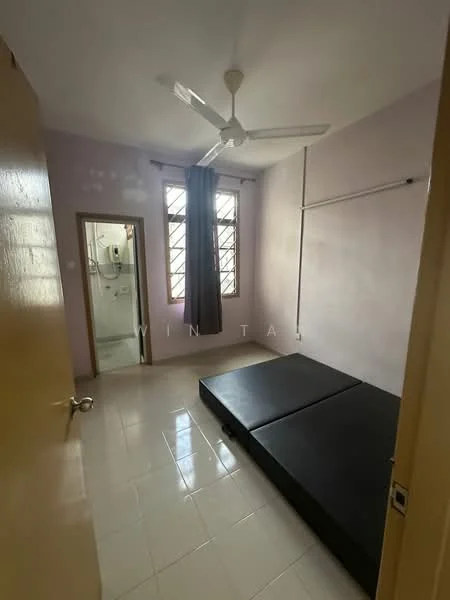 Bedroom features: light purple painted walls, glossy white tile flooring, ceiling fan, two windows with metal grilles, black mattress on the floor, curtains, built-in wardrobe, wall-mounted clothes rail.