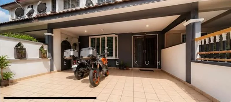Exterior type: linked terrace house; features: tiled flooring, covered car porch, two motorcycles parked, white painted walls, dark grey accent wall, window with grille, outdoor lighting, manicured plants, balustrade with wooden railing, air conditioning units mounted on wall; style: modern.