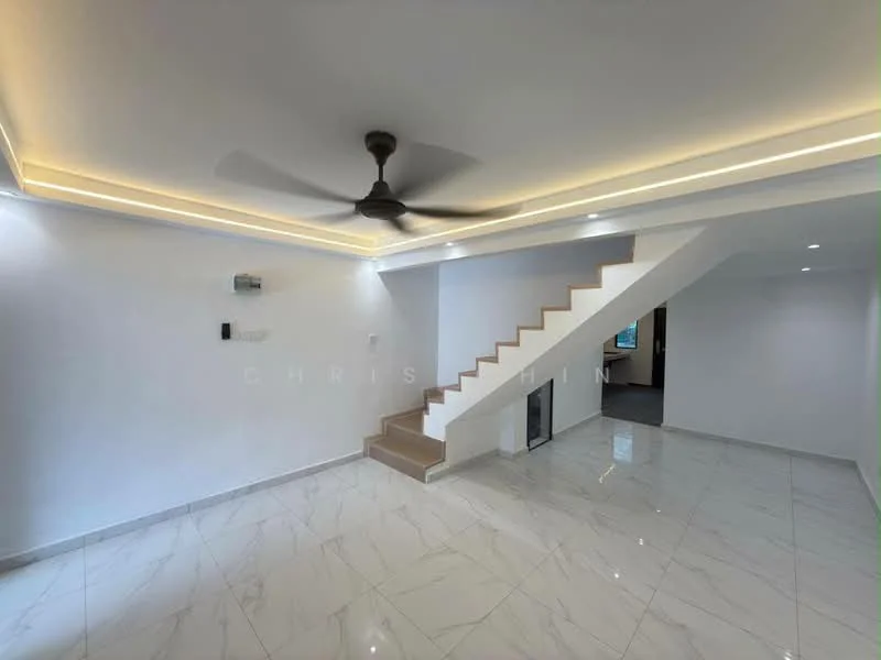 Living features: white painted walls, marble tile flooring, 5-blade ceiling fan with light, recessed LED downlights, staircase with wooden steps, open layout, large windows for natural light, minimalist decor; style: modern.