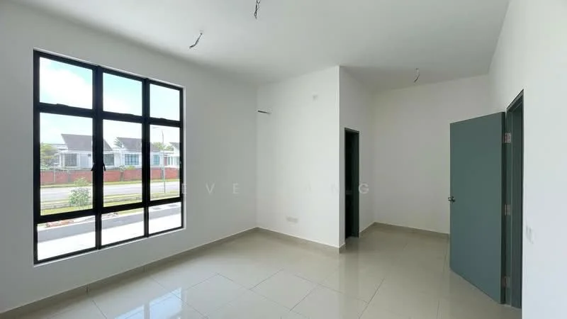 Room features: white painted walls, grey tiled flooring, large black-framed windows, single door, corner wall, minimalist design, no visible furniture, natural light from windows; style: modern; view: street.