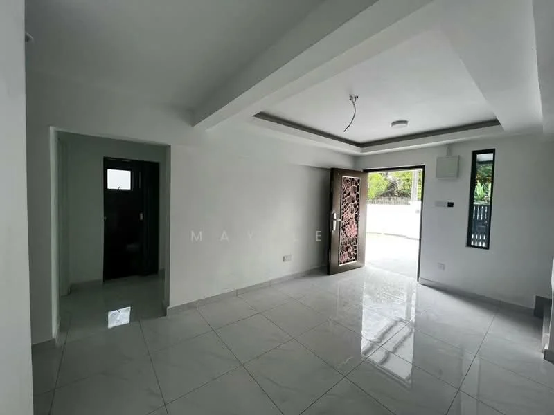 Room features: white painted walls, glossy ceramic tile flooring, tray ceiling, recessed downlights, main entrance door with decorative panel, floor-to-ceiling windows, air conditioning unit, open layout; style: modern; view: garden.