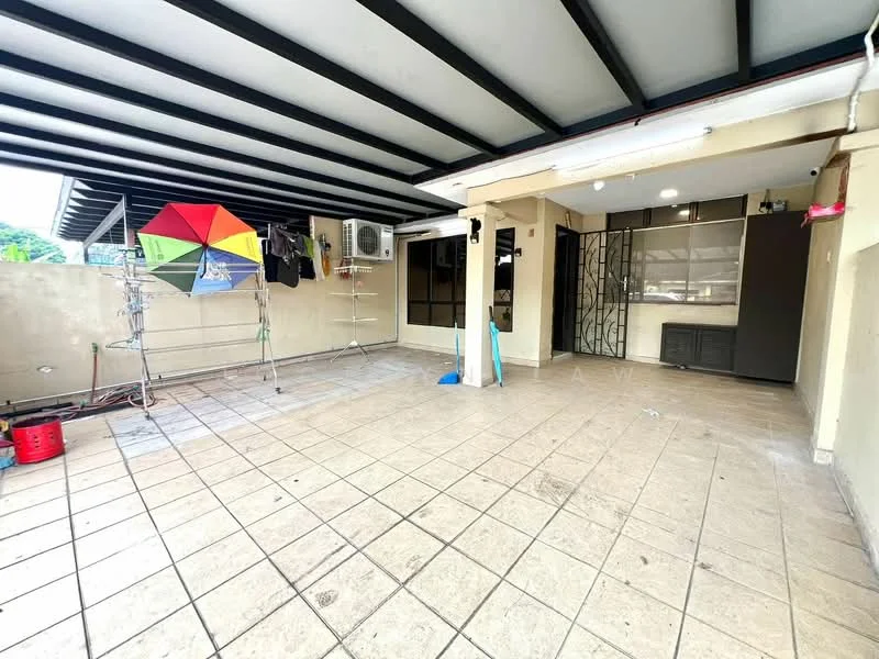 Room features: tiled flooring, exposed beam ceiling, wall-mounted split AC, clothes drying rack, colorful umbrella, open layout, large windows, light fixtures; style: modern; view: garden.