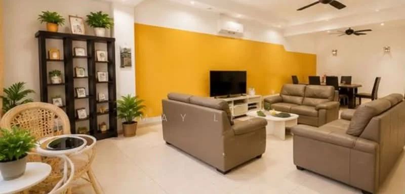 Living features: cream painted walls, yellow accent wall, recessed downlights, 5-blade ceiling fan, 2-seater leather sofa in brown, 3-seater leather sofa in brown, coffee table, TV console, wall-mounted TV, decorative plants in pots, open shelving unit with framed photos, dining table with chairs in background, tile flooring; style: modern.