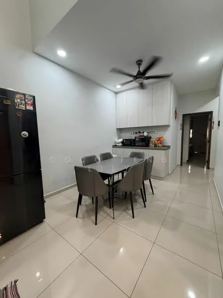 Kitchen features: black fridge, 6-seater dining table, grey upholstered dining chairs, white cabinetry, marble countertop, recessed downlights, ceiling fan, glossy tile flooring, neutral painted walls, open layout, doorway leading to hallway; style: modern.