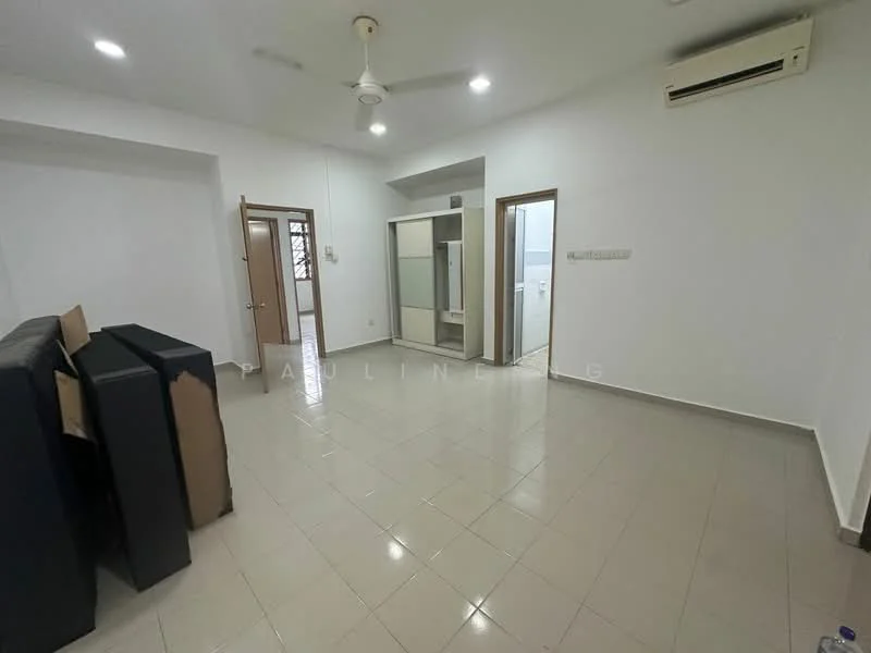 Room features: white painted walls, glossy ceramic tile flooring, ceiling fan, 1 wall-mounted split AC, doorway leading to another room, glass sliding door, neutral color scheme, natural light from windows; style: modern.