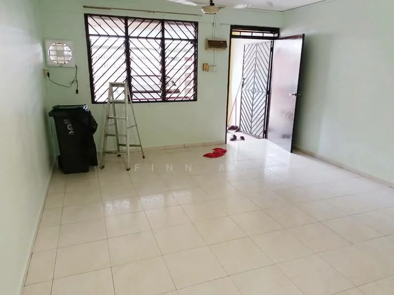 Room features: light green painted walls, white tiled flooring, sliding glass door, black trash bin, metal ladder, window with black grills, ceiling fan, open space layout.