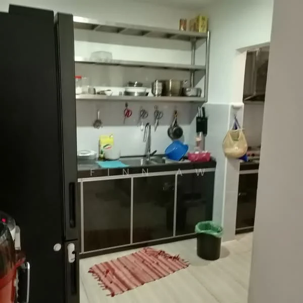 Kitchen features: black refrigerator, stainless-steel sink, chrome faucet, open shelving, black cabinetry, built-in oven, 4-burner gas hob, kitchen mat, green trash bin, hanging utensils, wall tiles, light-colored flooring; style: modern.