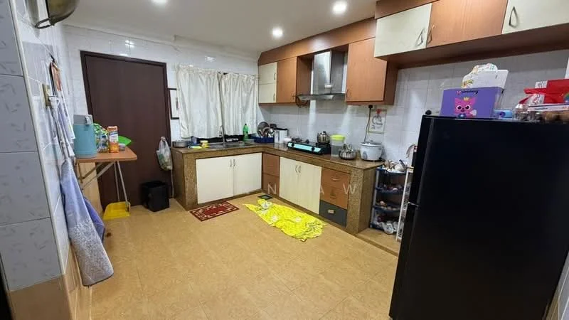 Kitchen features: brown wooden cabinetry, granite countertop, stainless-steel sink, chrome pull-down faucet, built-in gas stove, exhaust hood, black refrigerator, ceramic tile flooring, white tiled walls, window with sheer curtains, kitchen island, open shelving, microwave, various kitchen appliances, floor mat.
