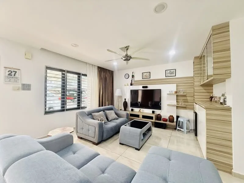Living features: 3-seater fabric sofa in light blue, 2-seater fabric sofa in light blue, coffee table, TV console, wall-mounted TV, feature wall with wood paneling, recessed downlights, ceiling fan with light, curtains, decorative items on shelves, tile flooring, wall clock, framed artwork; style: modern.