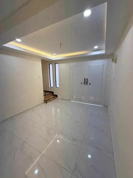 Room features: white painted walls, marble tile flooring, recessed downlights, ceiling with cove lighting, double front doors, staircase leading to upper floor, large windows for natural light; style: modern.
