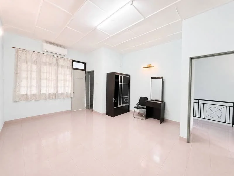 Room features: light pink tiled flooring, white painted walls, dropped ceiling with fluorescent lights, window with sheer curtains, wall-mounted air conditioning unit, black wardrobe with sliding doors, black study desk, chair, mirror on desk, open doorway leading to another room; style: modern.