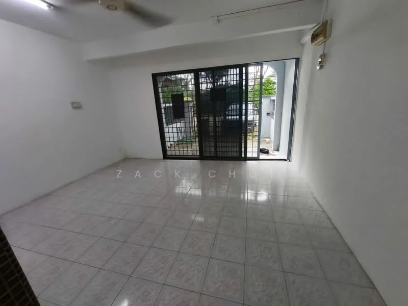 Room features: white painted walls, glazed ceramic tile flooring, ceiling fan, sliding glass door, grid security grille, natural light from windows, open layout, corner space; style: minimalist; view: garden.