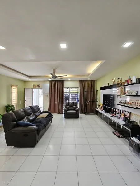 Living features: 3-seater leather sofa in black, 2-seater leather sofa in black, ceiling fan, recessed downlights, wall-mounted TV, TV console, white tiled flooring, cream painted walls, curtains, decorative shelving, decorative items on shelves; style: modern.