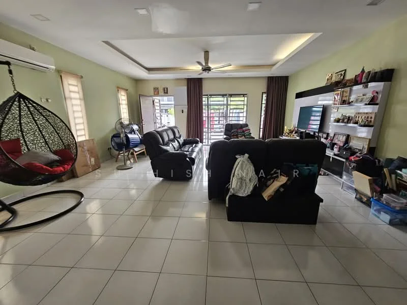 Living features: cream painted walls, white ceiling, 5-blade ceiling fan with light, large windows with sheer curtains, black leather sofa, 3-seater fabric sofa in grey, coffee table, TV console, wall-mounted TV, decorative wall shelves, hanging egg chair, tile flooring, area rug; style: contemporary; view: garden.