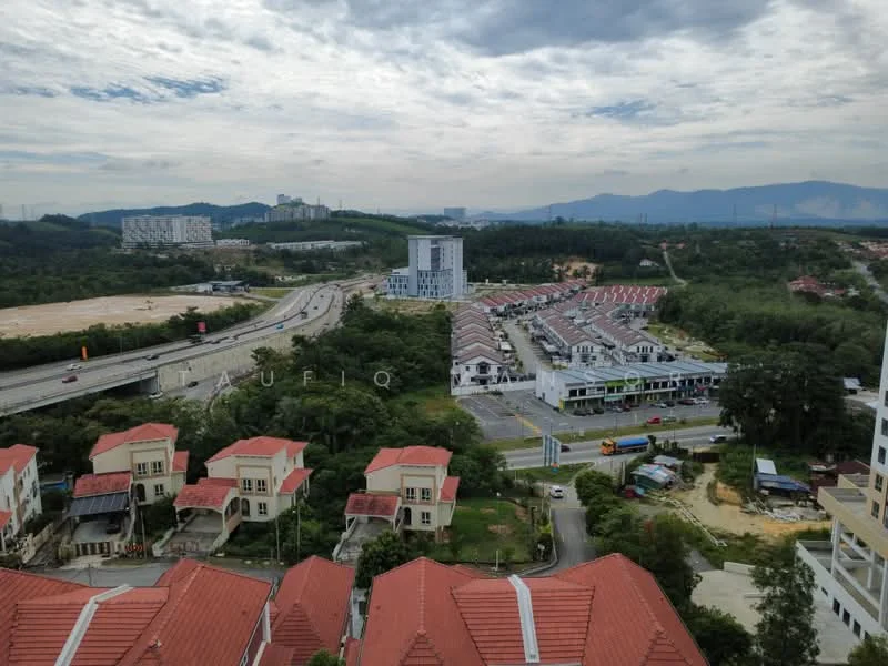 Exterior type: low-rise apartment block; features: red tiled roofs, surrounded by greenery, adjacent to highway, view of residential area, multi-storey buildings in background, open land in distance, urban context; style: modern.