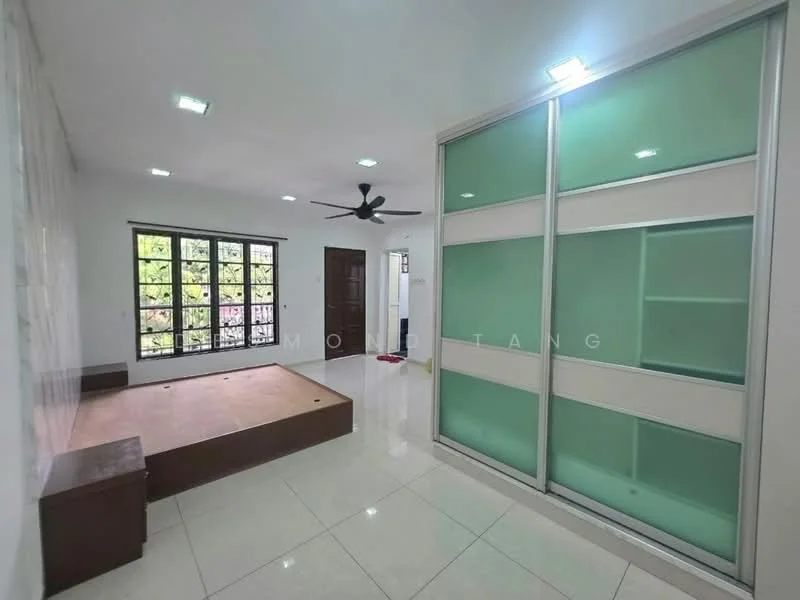 Room features: white painted walls, glossy tile flooring, 5-blade ceiling fan with light, large windows with black frames, built-in wardrobe with glass panels, wooden platform, recessed ceiling lights; style: modern; view: garden.