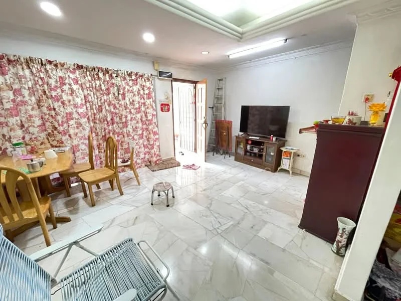 Living features: marble tile flooring, white painted walls, recessed ceiling with lighting, large window with sheer curtains, wall-mounted TV, wooden TV console, wooden dining table with chairs, floral patterned curtains, decorative items on shelves, small stool, ladder in the corner; style: modern.