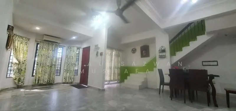 Living features: grey marble flooring, white painted walls, 5-blade ceiling fan, floor-to-ceiling windows with sheer curtains, dining table with chairs, staircase with green accent wall, decorative wall clock, wall-mounted artwork; style: modern.