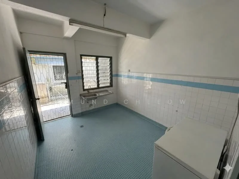 Laundry features: blue mosaic tile flooring, white tiled walls with blue accents, single-bowl stainless-steel sink, window with security grille, door leading outside, washing machine, overhead lighting.
