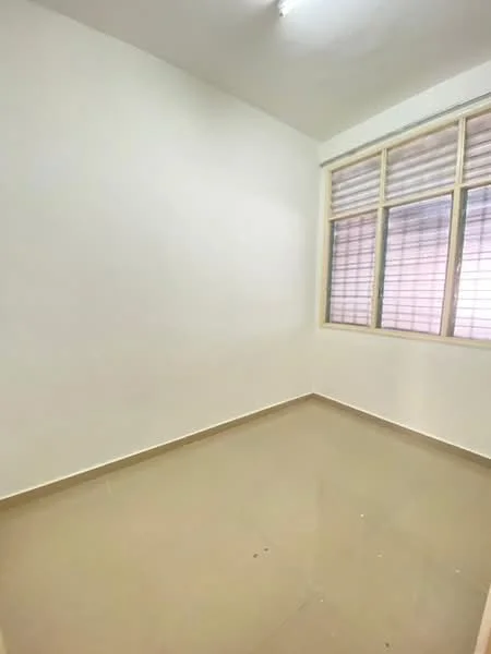 Room features: white painted walls, cream tile flooring, large windows with horizontal blinds, natural light from windows, plain ceiling, no visible furniture or decor; style: minimalist.