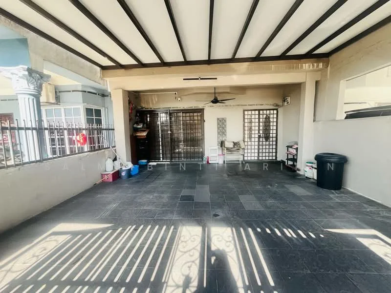 Room features: grey tiled flooring, exposed beams ceiling, ceiling fan, metal security grilles, open space layout, wall-mounted storage, garbage bin, multiple storage boxes; style: modern.