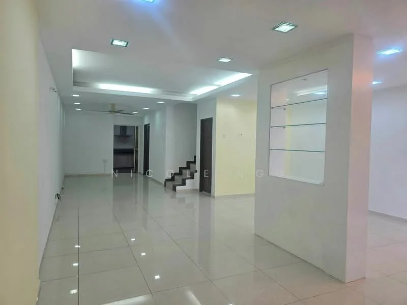 Room features: white painted walls, glossy tile flooring, recessed downlights, ceiling fan, staircase with dark wood steps, open layout, built-in display shelves, neutral color scheme; style: modern.