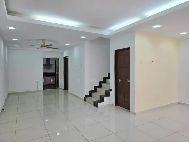 Living features: white painted walls, polished ceramic tile flooring, recessed LED downlights, 5-blade ceiling fan, staircase with black steps, open layout, doorway leading to kitchen, neutral color scheme; style: modern.