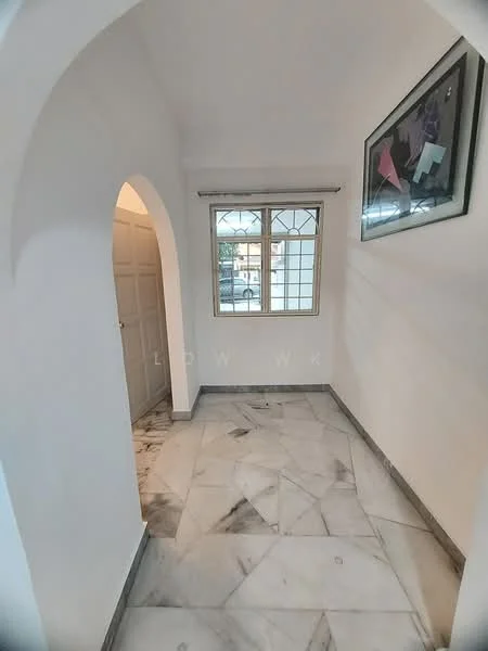 Room features: white painted walls, marble flooring, arched doorway, window with grid pattern, grey skirting, framed artwork on wall, natural light from window; style: modern.