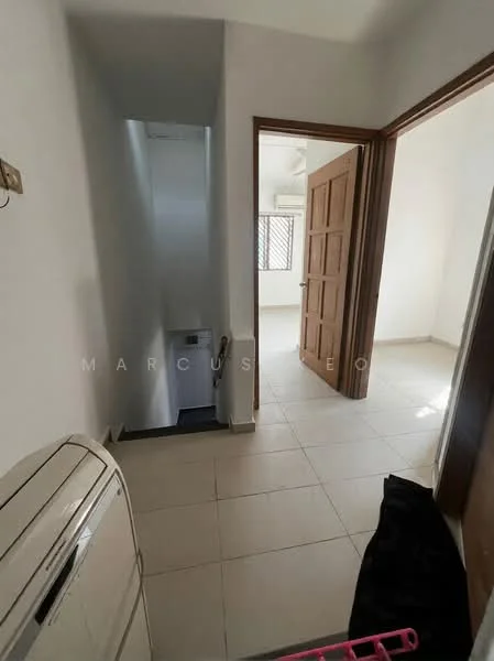 Room features: white painted walls, tile flooring, staircase leading to upper level, doorway with wooden door, window with grille, wall-mounted air conditioning unit.