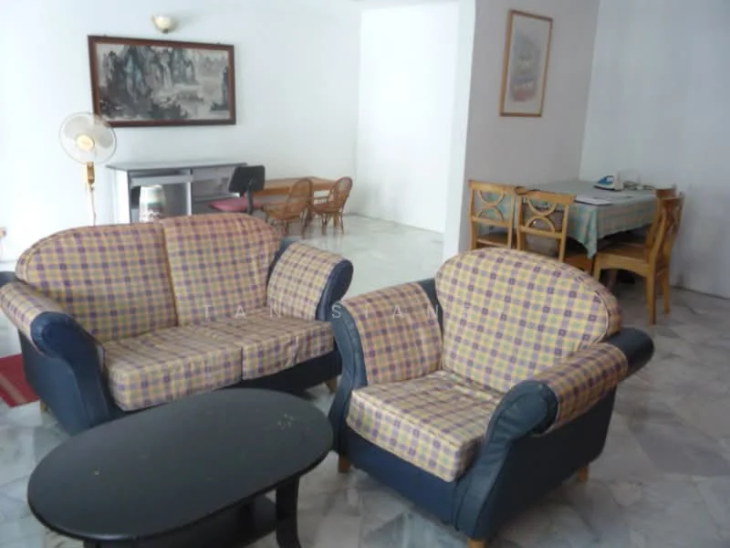 Living features: plaid fabric 3-seater sofa, plaid fabric 2-seater sofa, black coffee table, marble flooring, white painted walls, ceiling light fixture, framed artwork on wall, dining area visible in background, wooden dining chairs, dining table with tablecloth; style: traditional.