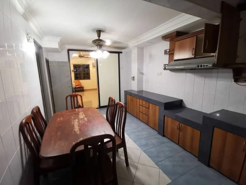 Kitchen features: wooden dining table with six chairs, grey countertop, wood cabinetry, stainless-steel range hood, built-in cabinets, tiled flooring, white tiled walls, ceiling fan with light; style: traditional.