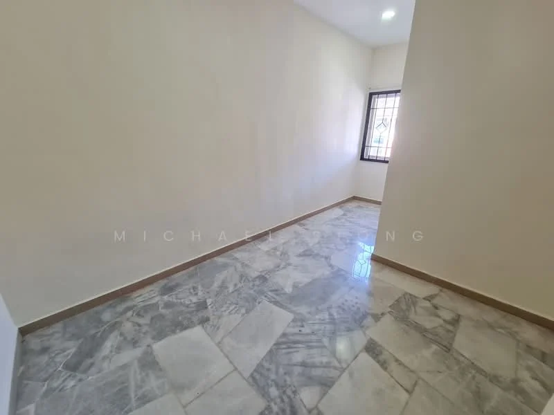 Room features: white painted walls, marble tile flooring, single window with grille, neutral color scheme, no visible furniture, bright lighting, smooth ceiling, baseboard trim; style: modern.