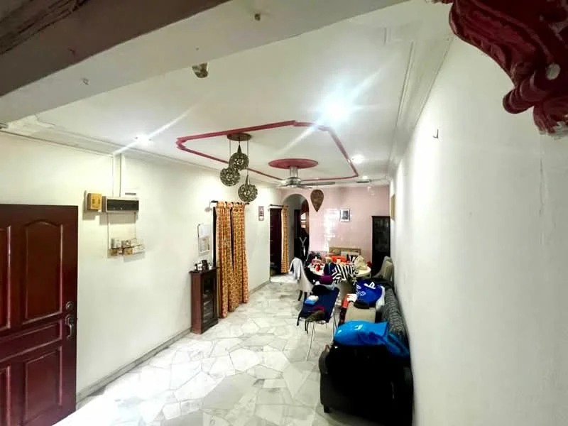 Living features: marble tile flooring, white painted walls, ceiling with decorative moulding, 5-blade ceiling fan with light, two hanging pendant lights, sofa with cushions, wooden cabinet, dining table with chairs, curtains, wall-mounted air conditioning unit; style: traditional.
