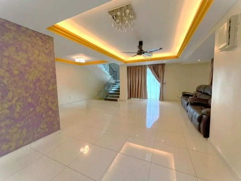Living features: white painted walls, purple accent wall, glossy tile flooring, tray ceiling with LED lighting, chandelier, 5-blade ceiling fan, floor-to-ceiling windows, curtains, staircase, sofa in dark leather; style: modern.