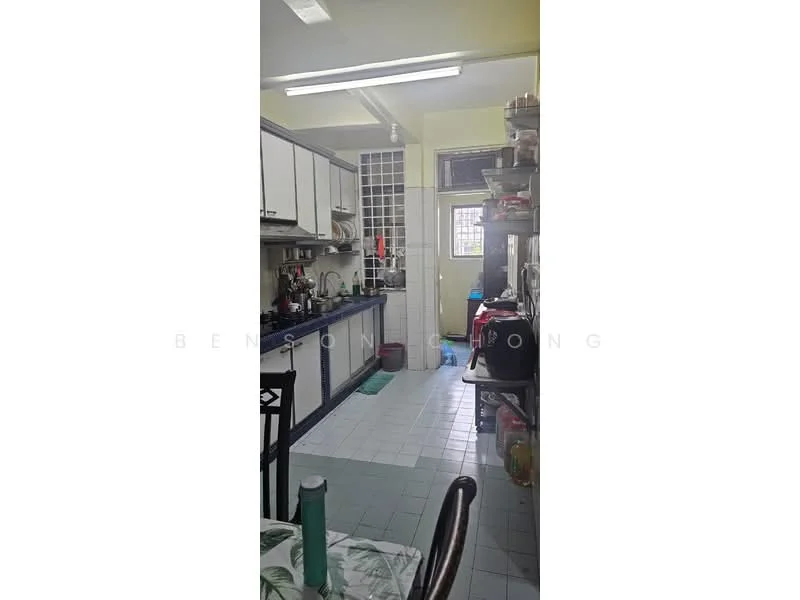 Kitchen features: white cabinetry, blue countertop, single-bowl stainless-steel sink, chrome pull-down faucet, built-in oven, freestanding range oven, microwave, ceramic tile flooring, wall-mounted shelves, window with grid pattern, recessed ceiling lights, dining table with chairs.