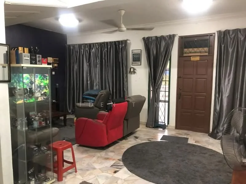 Living features: 3-seater fabric sofa in grey, 2-seater leather sofa in red, round area rug with geometric pattern, glass display cabinet, wooden coffee table, ceiling fan, curtains in grey, marble flooring, wall with dark paint, front door with glass panel; style: contemporary.