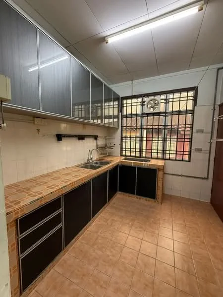 Kitchen features: L-shaped countertop, brown tiled countertop, black cabinetry, stainless-steel sink, chrome faucet, wall-mounted shelves, white tiled backsplash, brown tiled flooring, large window with grid pattern, overhead fluorescent lighting; style: modern.