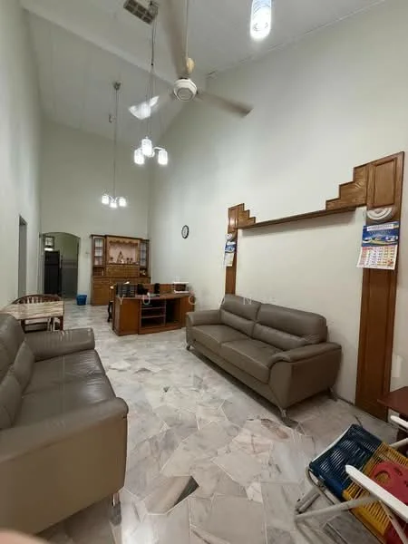 Living features: 2-seater leather sofa in beige, 3-seater leather sofa in beige, marble flooring, high ceiling, ceiling fan with light, hanging pendant lights, wooden feature wall, wooden shelving unit, wall clock, decorative wall panel; style: modern.
